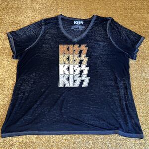 KISS T-shirt Womens 22/24 Plus Sized Burnout Black Leopard Print
